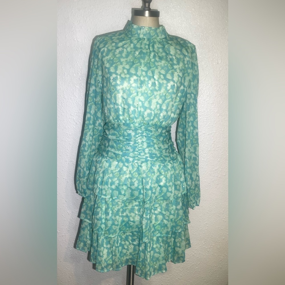 Easy clothes Light Aqua Floral Long-Sleeve Tiered Dress size large